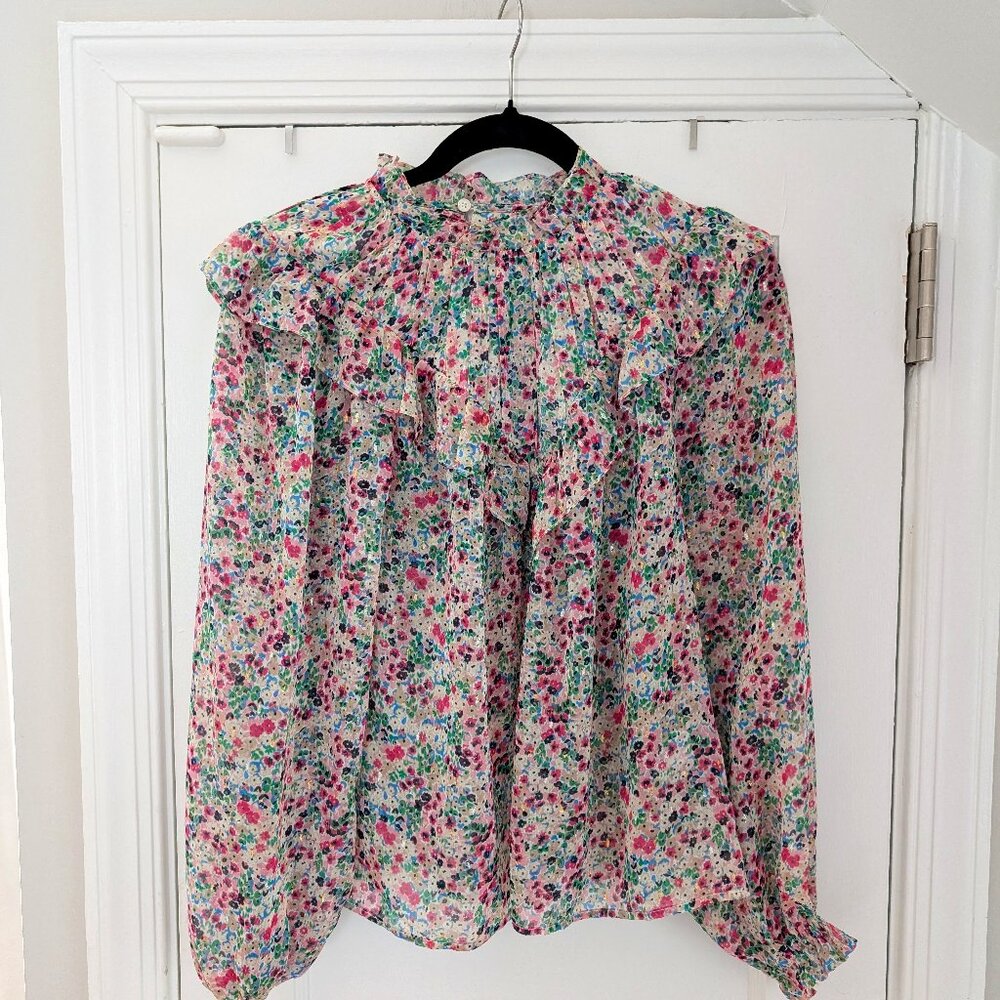Boden V Yoke Flounce Top in Ivory Gardenia Petal Floral US Sz 4 / UK 8